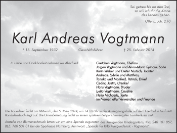 Traueranzeige von Karl Andreas  Vogtmann von Pegnitz-Zeitung